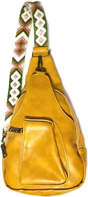 Women Chest Sling Bag with Guitar Strap Small Crossbody Leather Satchel Daypack Shoulder Backpack for Hiking Cycling (yellow)