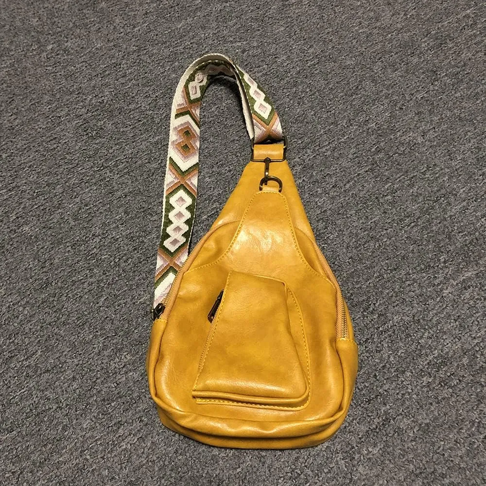 Women Chest Sling Bag with Guitar Strap Small Crossbody Leather Satchel Daypack Shoulder Backpack for Hiking Cycling (yellow)