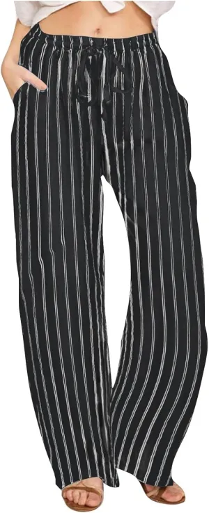 Women Cotton Linen Pants Elastic Waist Striped Wide Leg Palazzo Pant Lounge Casual Beach Clothes Trouser with Pockets