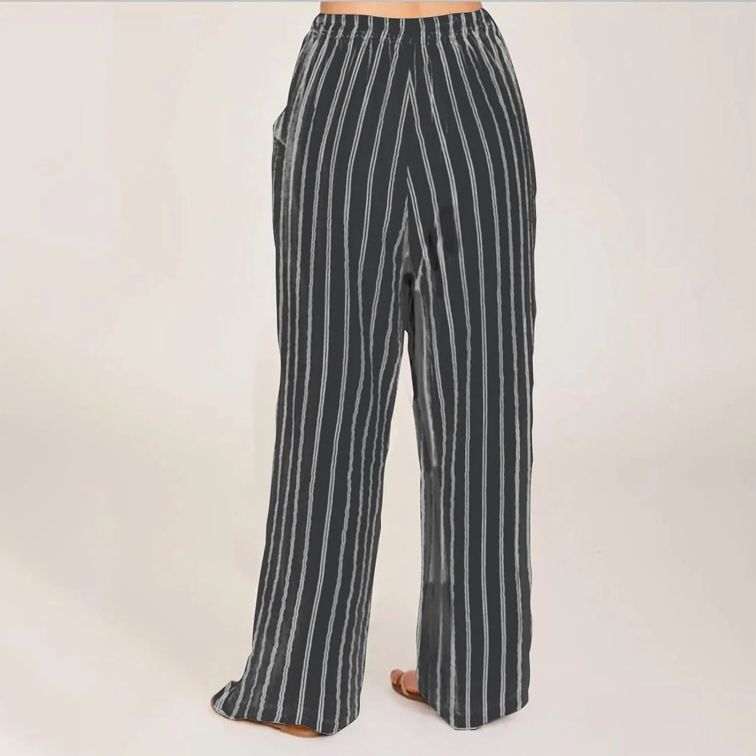 Women Cotton Linen Pants Elastic Waist Striped Wide Leg Palazzo Pant Lounge Casual Beach Clothes Trouser with Pockets