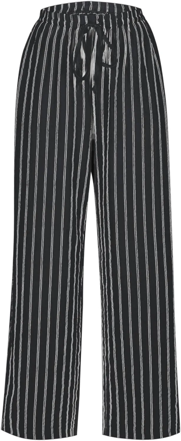 Women Cotton Linen Pants Elastic Waist Striped Wide Leg Palazzo Pant Lounge Casual Beach Clothes Trouser with Pockets
