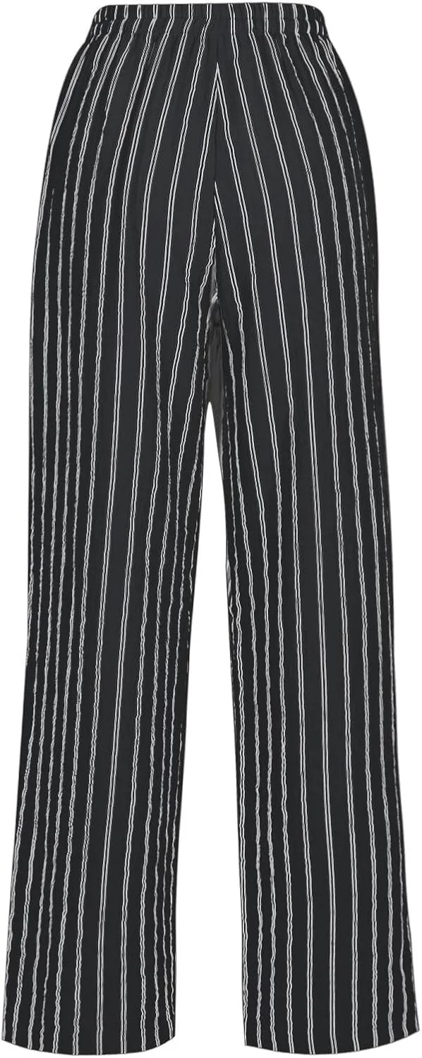 Women Cotton Linen Pants Elastic Waist Striped Wide Leg Palazzo Pant Lounge Casual Beach Clothes Trouser with Pockets