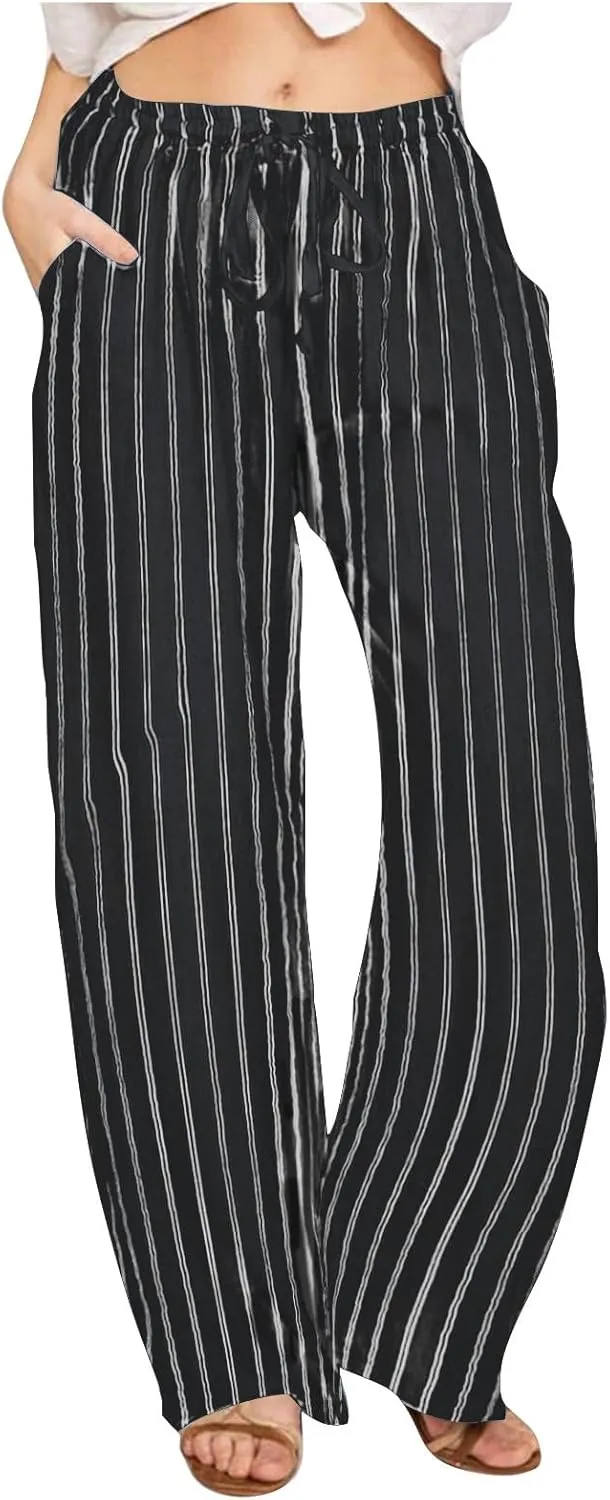Women Cotton Linen Pants Elastic Waist Striped Wide Leg Palazzo Pant Lounge Casual Beach Clothes Trouser with Pockets