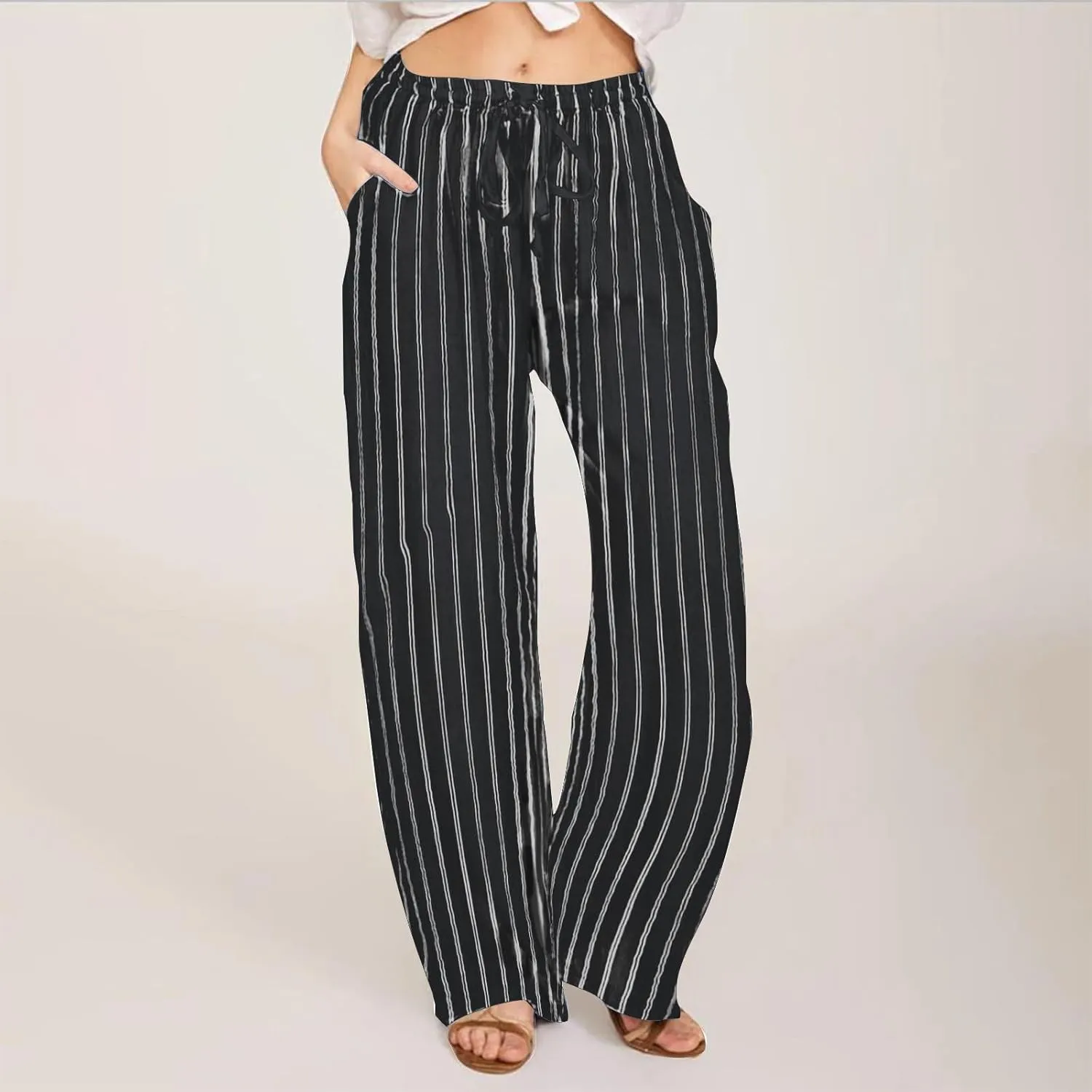 Women Cotton Linen Pants Elastic Waist Striped Wide Leg Palazzo Pant Lounge Casual Beach Clothes Trouser with Pockets