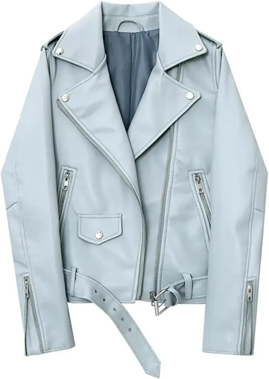 Women Faux Leather Casual Jacket Solid Color Zipper Cropped Coat Bomber Biker Moto Jackets Outwear