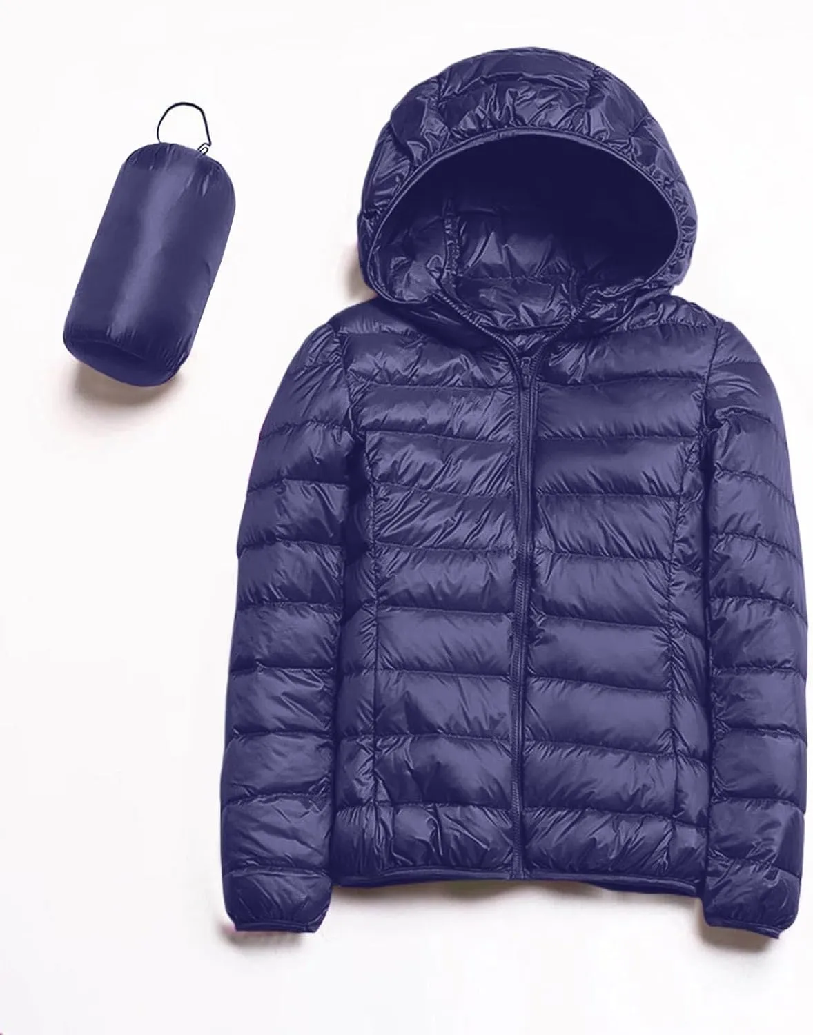 Women Lightweight Short Puffer Jacket Zip Long Sleeve Packable Hooded Down Coats Slim Winter Warm Cropped Outwear