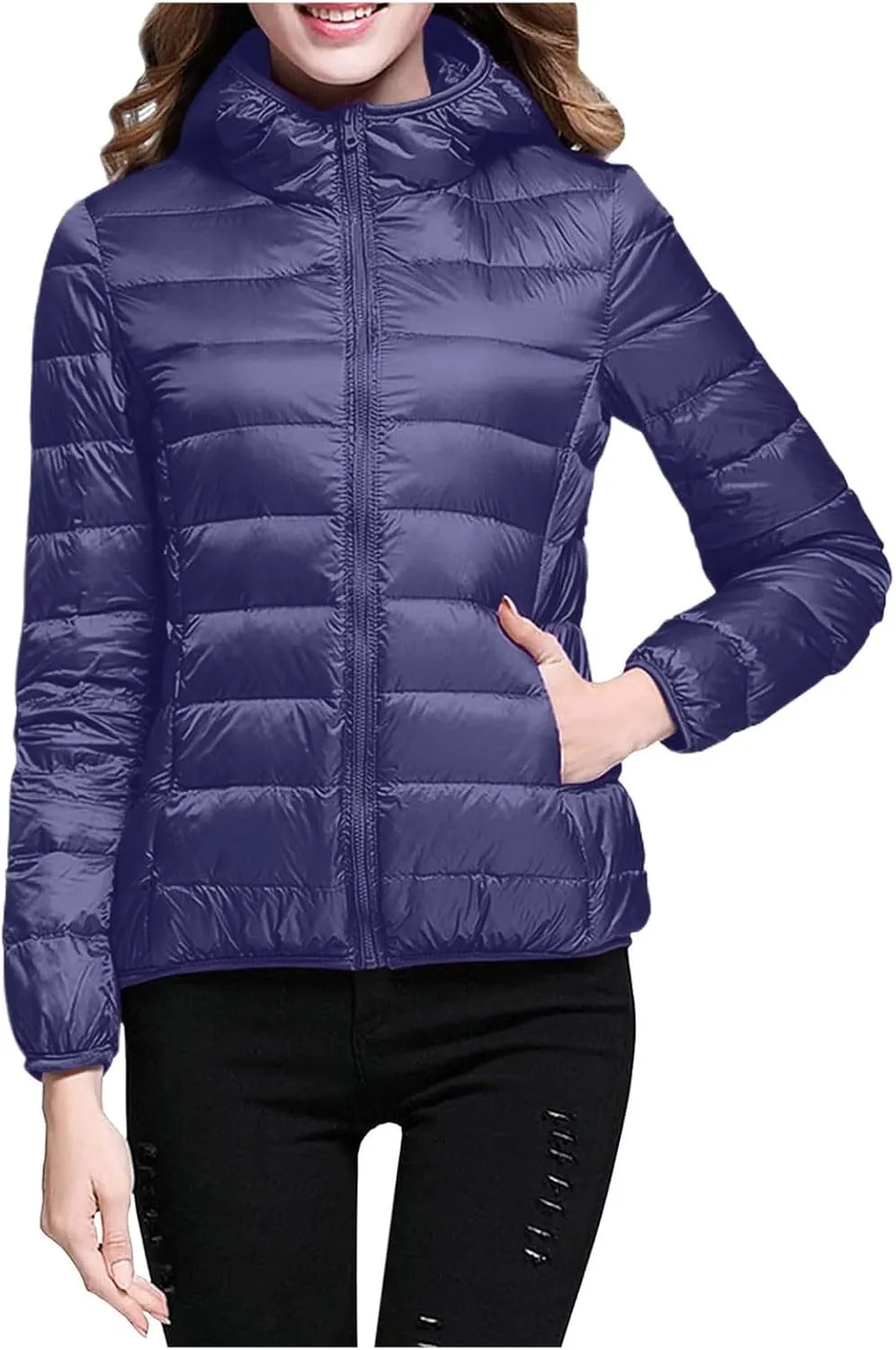 Women Lightweight Short Puffer Jacket Zip Long Sleeve Packable Hooded Down Coats Slim Winter Warm Cropped Outwear