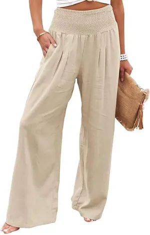 Women Linen Palazzo Pants Summer Boho Wide Leg High Waist Casual Pant Trousers with Pockets