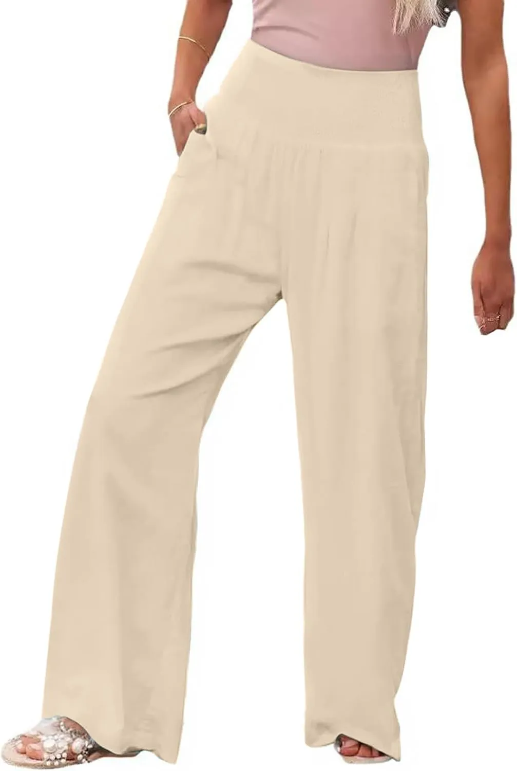 Women Linen Palazzo Pants Summer Boho Wide Leg High Waist Casual Pant Trousers with Pockets
