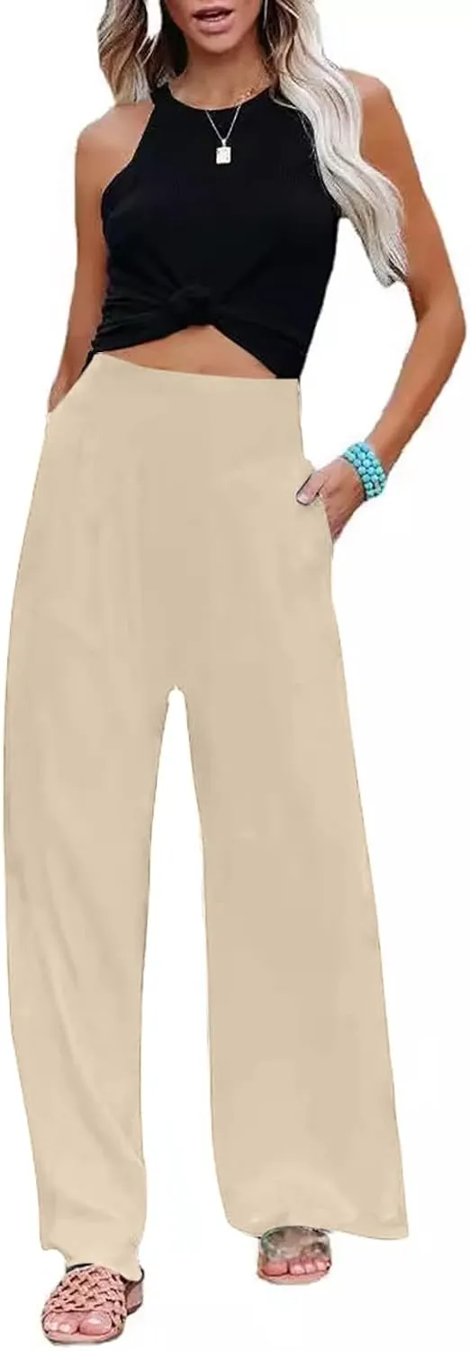Women Linen Palazzo Pants Summer Boho Wide Leg High Waist Casual Pant Trousers with Pockets