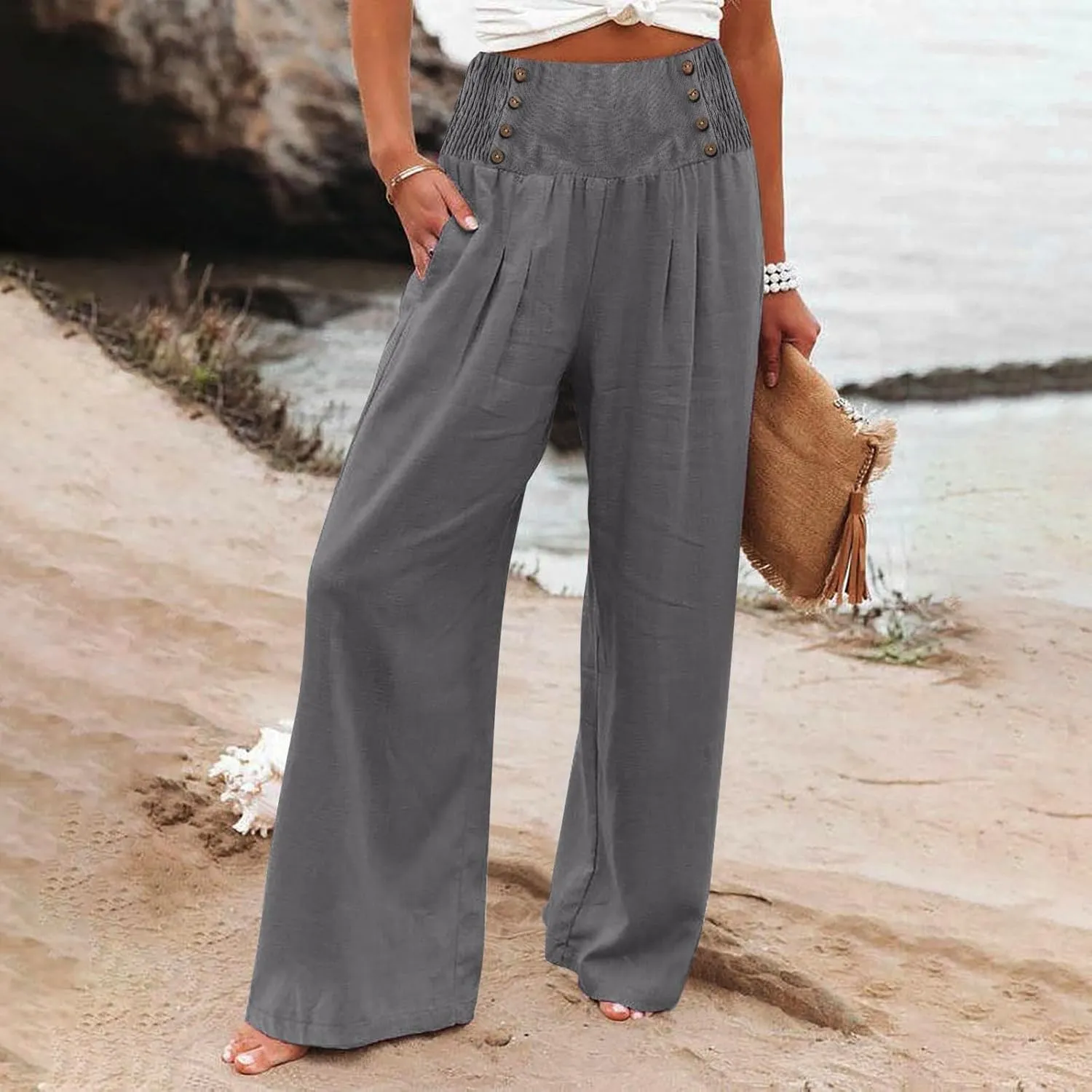 Women Linen Palazzo Pants Summer Trendy Wide Leg High Waist Casual Lounge Pant 2025 Beach Travel Vacation Outfits