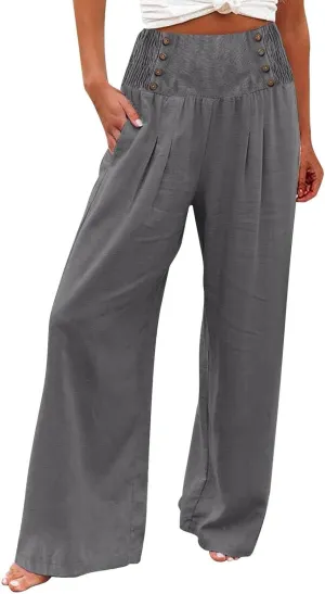 Women Linen Palazzo Pants Summer Trendy Wide Leg High Waist Casual Lounge Pant 2025 Beach Travel Vacation Outfits