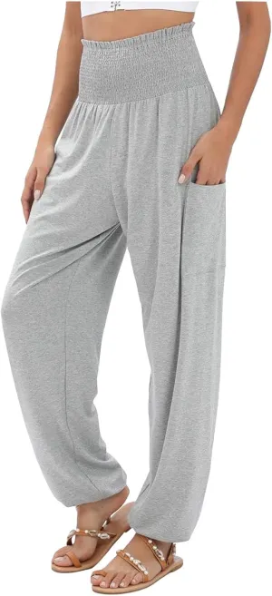 Women Linen Palazzo Summer 2024 Pants Wide Leg Elastic High Waisted Casual Loose Fit Plus Size Pants with Pockets