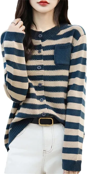 Women O-Neck Striped Cotton Cardigan Sweater Long Sleeve Winter Loose Sweaters