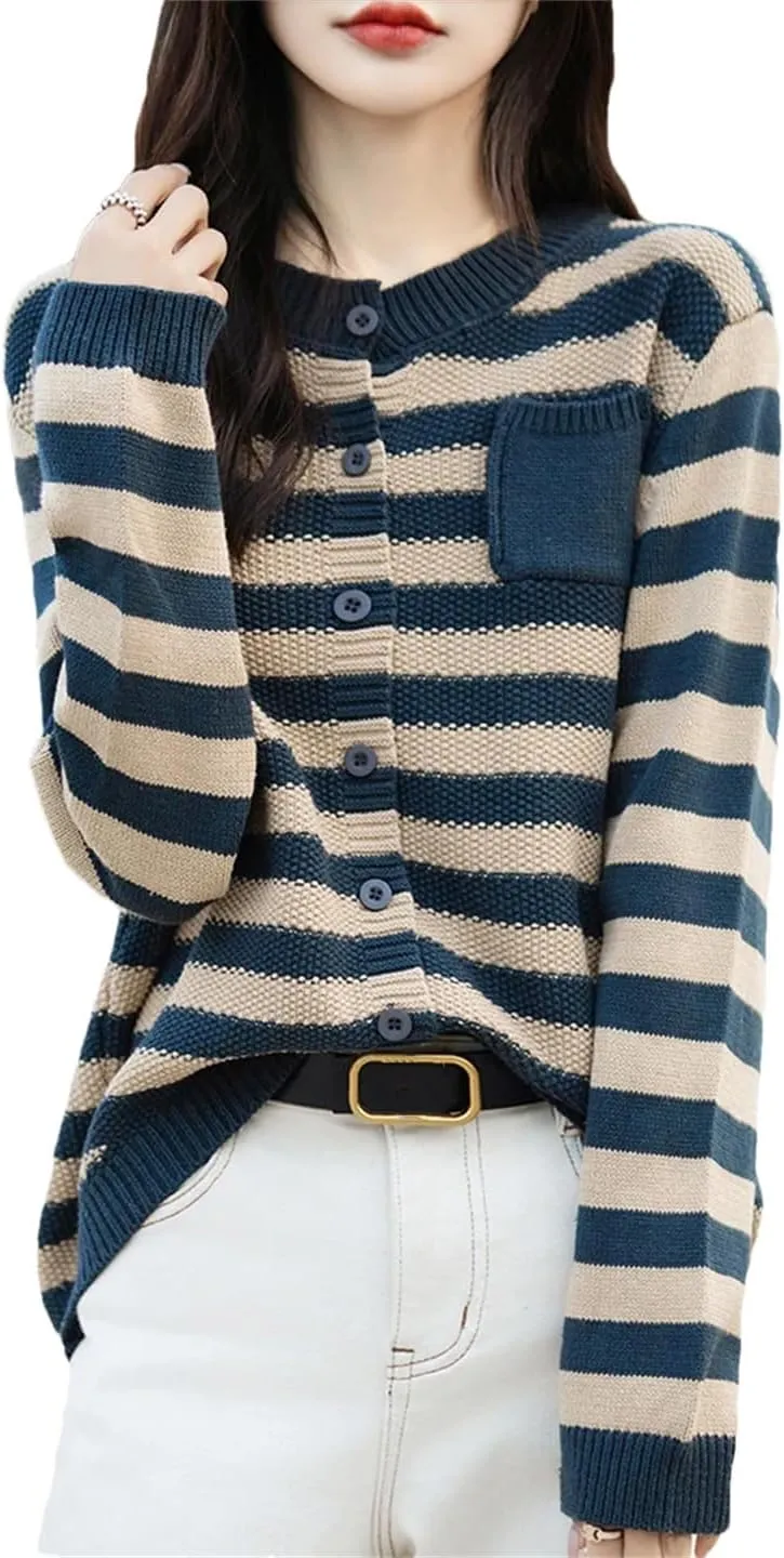 Women O-Neck Striped Cotton Cardigan Sweater Long Sleeve Winter Loose Sweaters