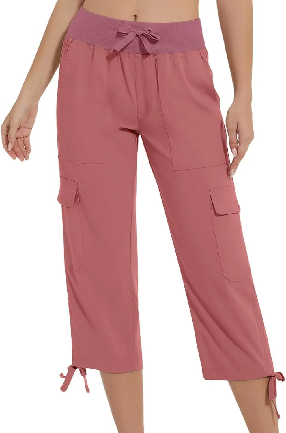 Women Straight Leg Cargo Capri Pant Summer Lace-Up Ruched Side Hiking Pants Elastic High Waist Casual Crop Travel Trousers
