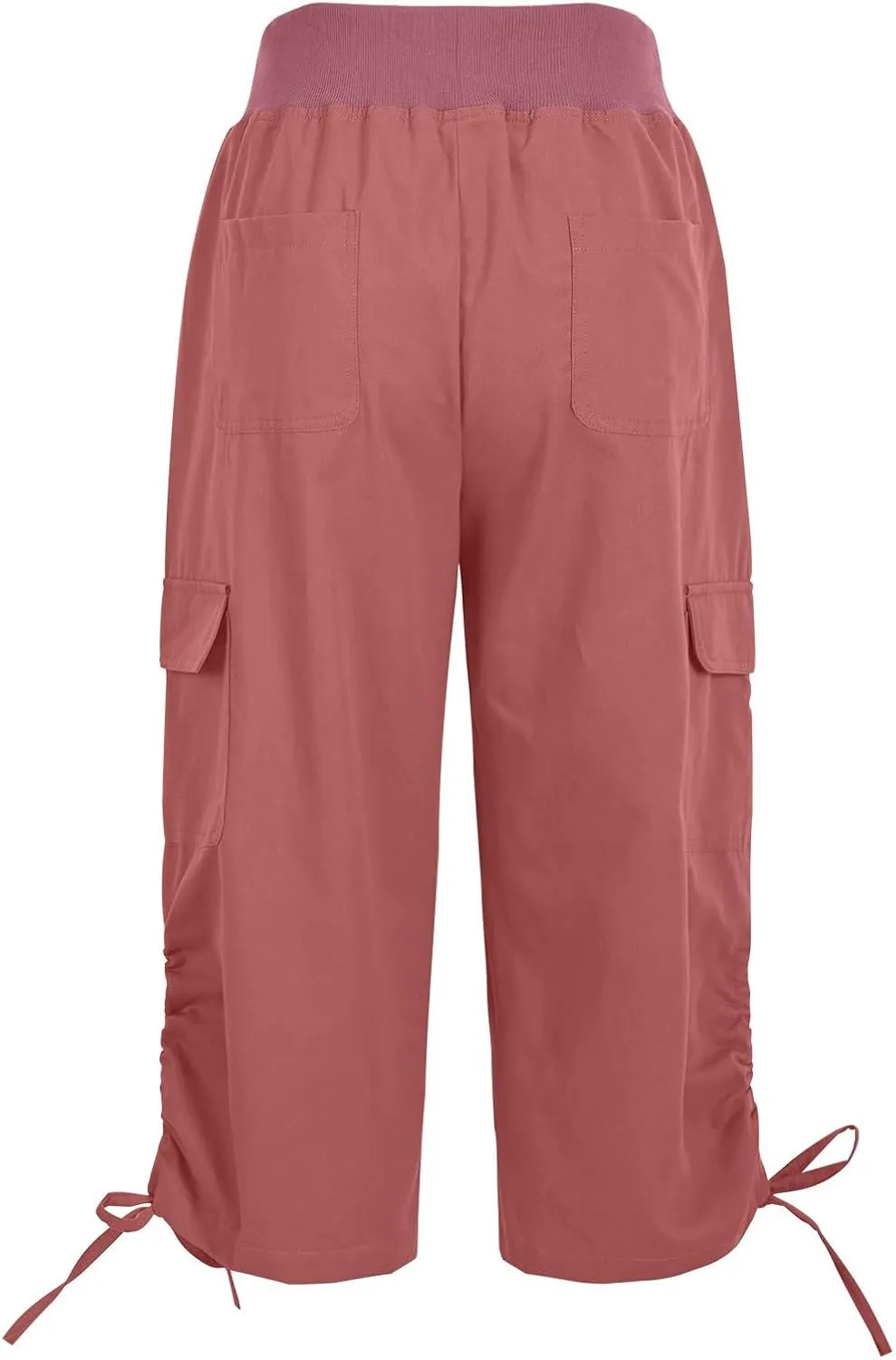 Women Straight Leg Cargo Capri Pant Summer Lace-Up Ruched Side Hiking Pants Elastic High Waist Casual Crop Travel Trousers