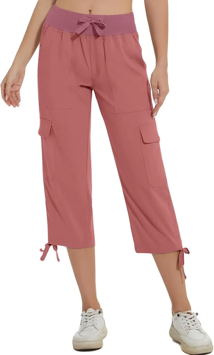 Women Straight Leg Cargo Capri Pant Summer Lace-Up Ruched Side Hiking Pants Elastic High Waist Casual Crop Travel Trousers