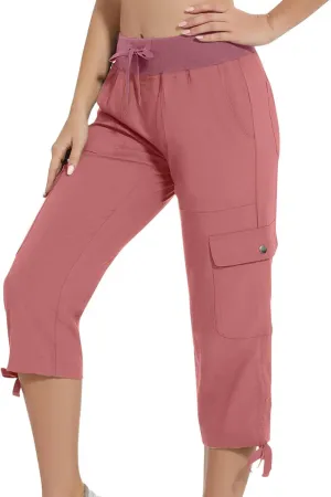 Women Straight Leg Cargo Capri Pant Summer Lace-Up Ruched Side Hiking Pants Elastic High Waist Casual Crop Travel Trousers