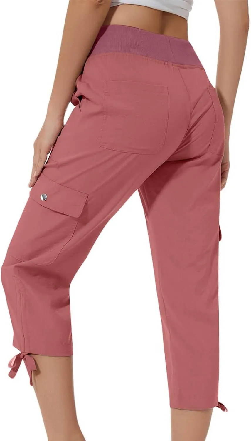 Women Straight Leg Cargo Capri Pant Summer Lace-Up Ruched Side Hiking Pants Elastic High Waist Casual Crop Travel Trousers
