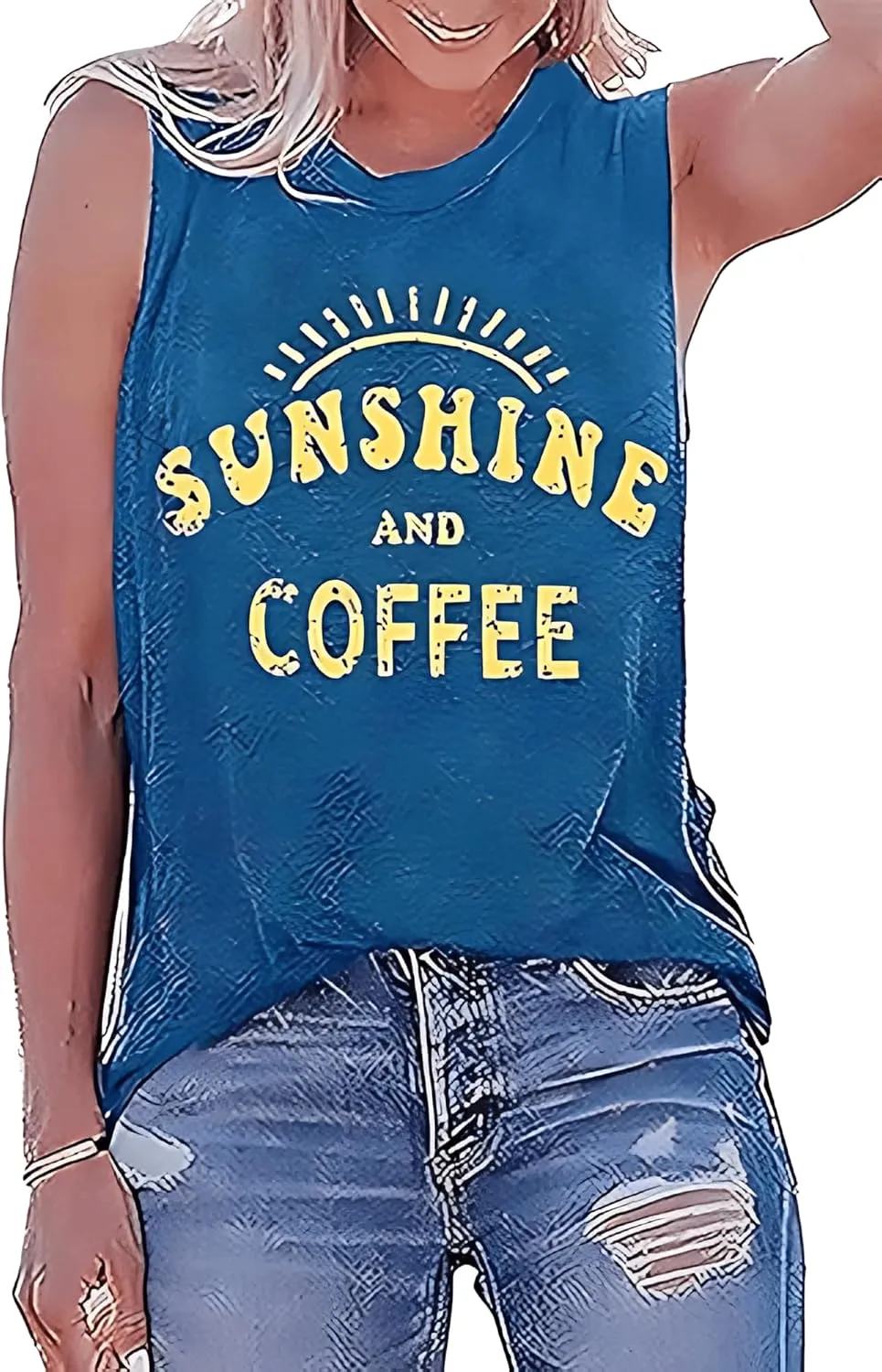 Women Sunshine and Coffee Graphic Tank Tops Crew Neck Muscle Funny Family Vacation Sleeveless Tank Tee Top