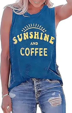 Women Sunshine and Coffee Graphic Tank Tops Crew Neck Muscle Funny Family Vacation Sleeveless Tank Tee Top