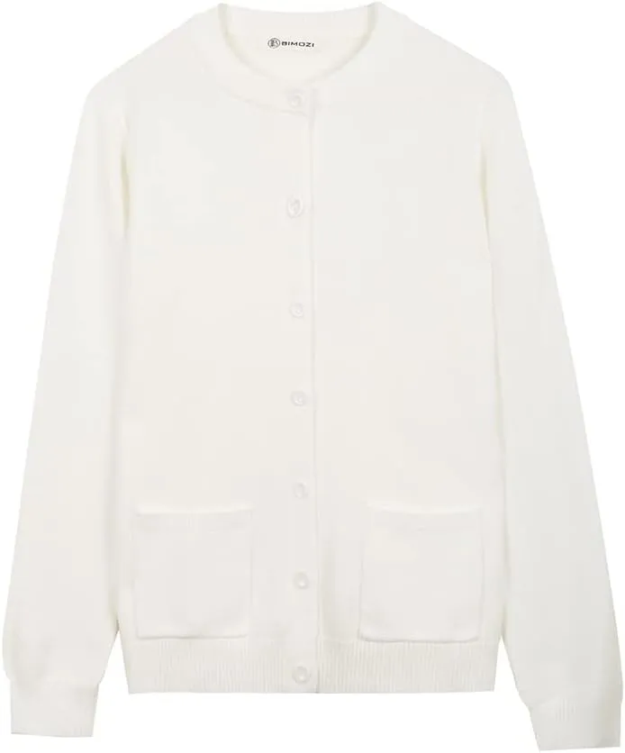 Women Thick Button Down Cardigan Sweaters Crew Neck Medium Weight Long Sleeve