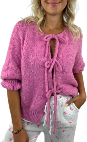 Women Trendy Bow Tie Sweater Cardigans Solid Color Puff Sleeve Loose Chunky Knited Jacket Open Front Knitwear