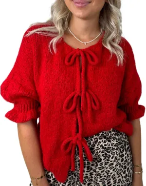 Women Trendy Bow Tie Sweater Cardigans Solid Color Puff Sleeve Loose Chunky Knited Jacket Open Front Knitwear