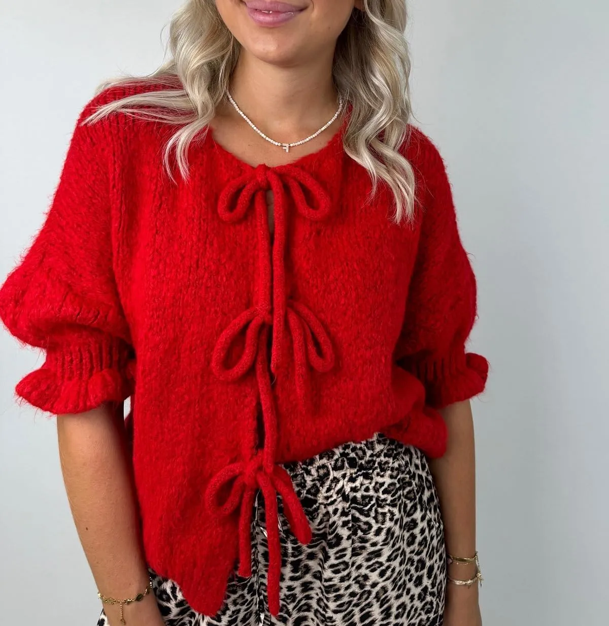 Women Trendy Bow Tie Sweater Cardigans Solid Color Puff Sleeve Loose Chunky Knited Jacket Open Front Knitwear