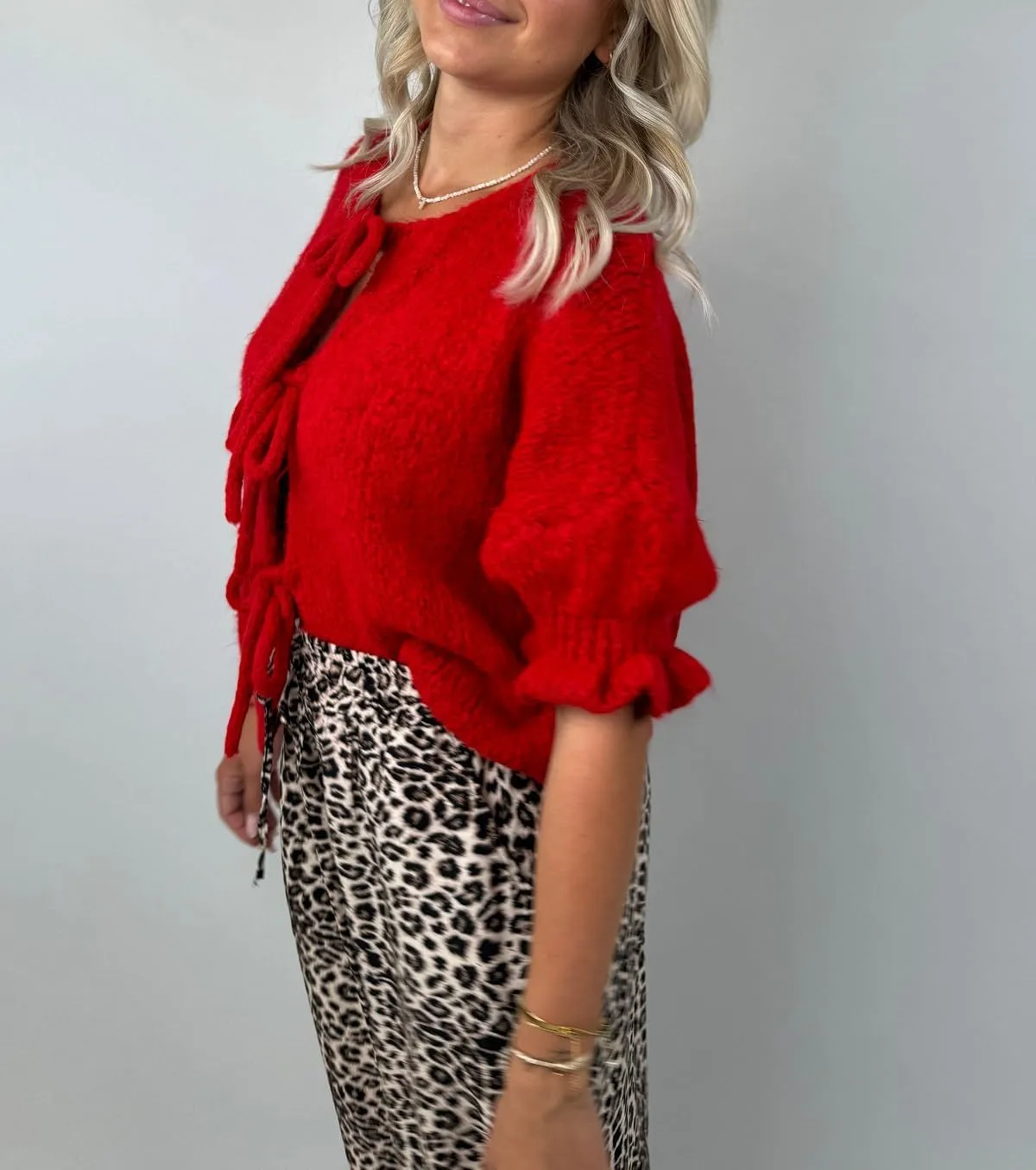 Women Trendy Bow Tie Sweater Cardigans Solid Color Puff Sleeve Loose Chunky Knited Jacket Open Front Knitwear
