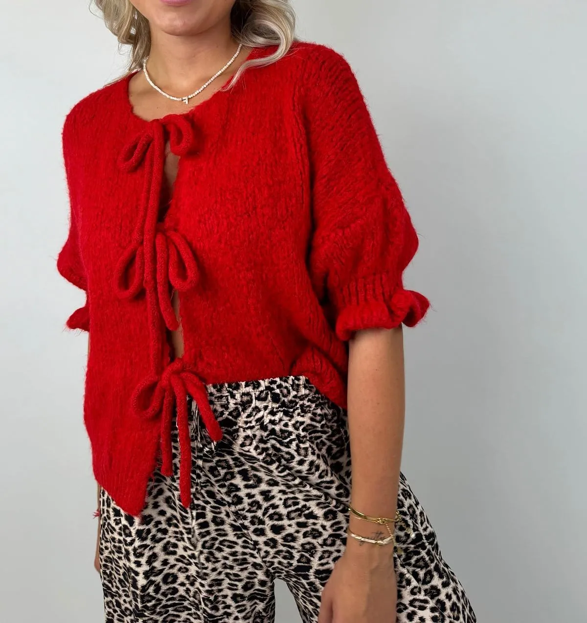 Women Trendy Bow Tie Sweater Cardigans Solid Color Puff Sleeve Loose Chunky Knited Jacket Open Front Knitwear