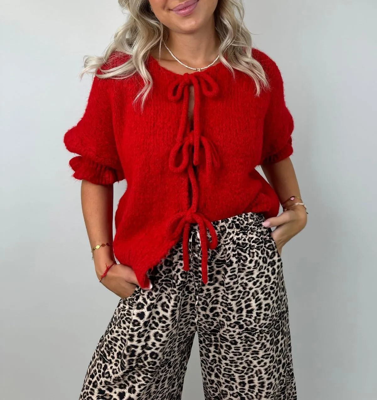 Women Trendy Bow Tie Sweater Cardigans Solid Color Puff Sleeve Loose Chunky Knited Jacket Open Front Knitwear