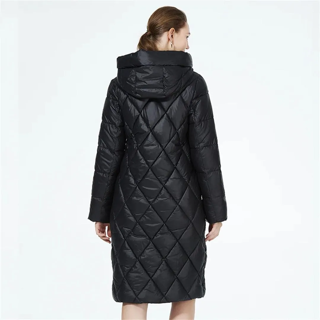 Women Winter Diamond Quilted Jacket Lengthened Style Padded Parka Thickened Warm Cotton Coat