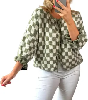 Women Y2K Tie Front Cardigan Sweater Ruffle Short Sleeve Checkered Open Front Knit Sweater Cute Loose Knitwear Tops
