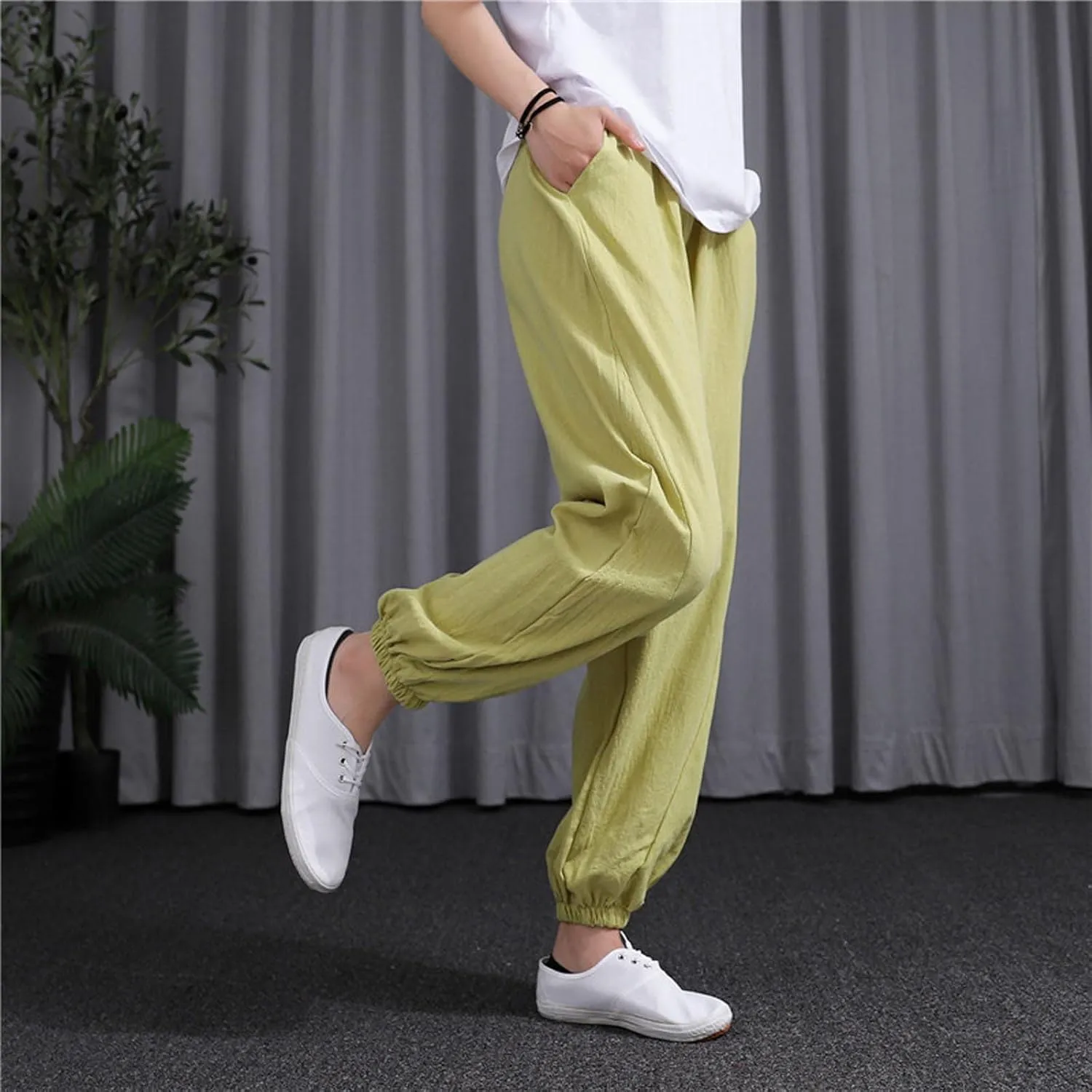 Womens 2025 Summer Cotton Linen Pants Elastic Drawstring Casual Trousers with Pockets Beach Straight Leg Lounge Pants