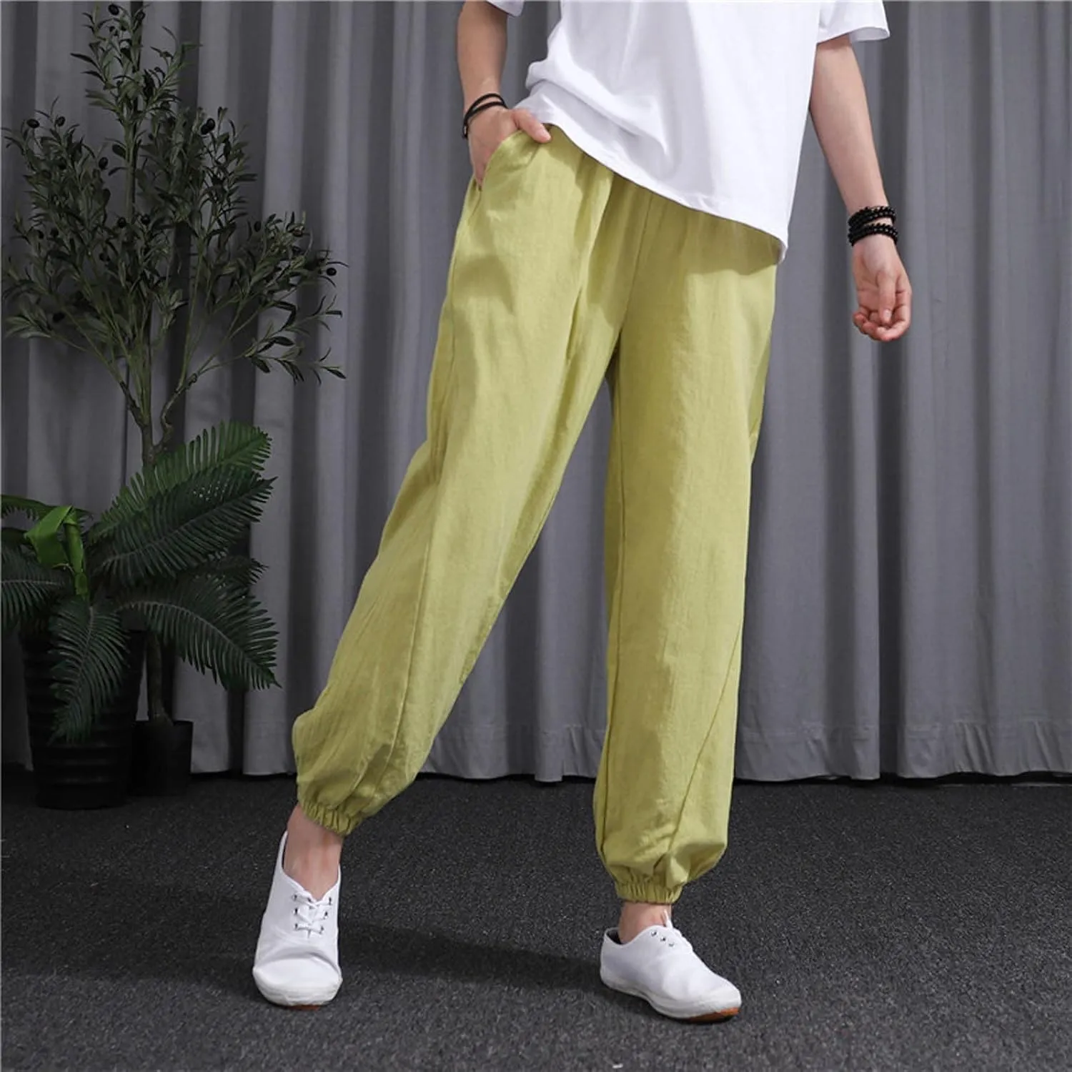 Womens 2025 Summer Cotton Linen Pants Elastic Drawstring Casual Trousers with Pockets Beach Straight Leg Lounge Pants
