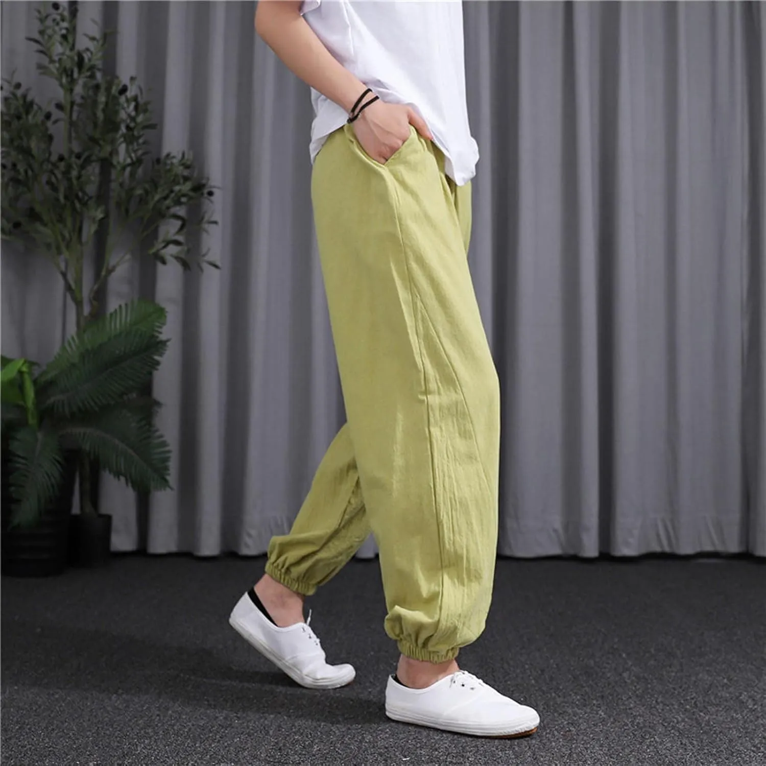 Womens 2025 Summer Cotton Linen Pants Elastic Drawstring Casual Trousers with Pockets Beach Straight Leg Lounge Pants