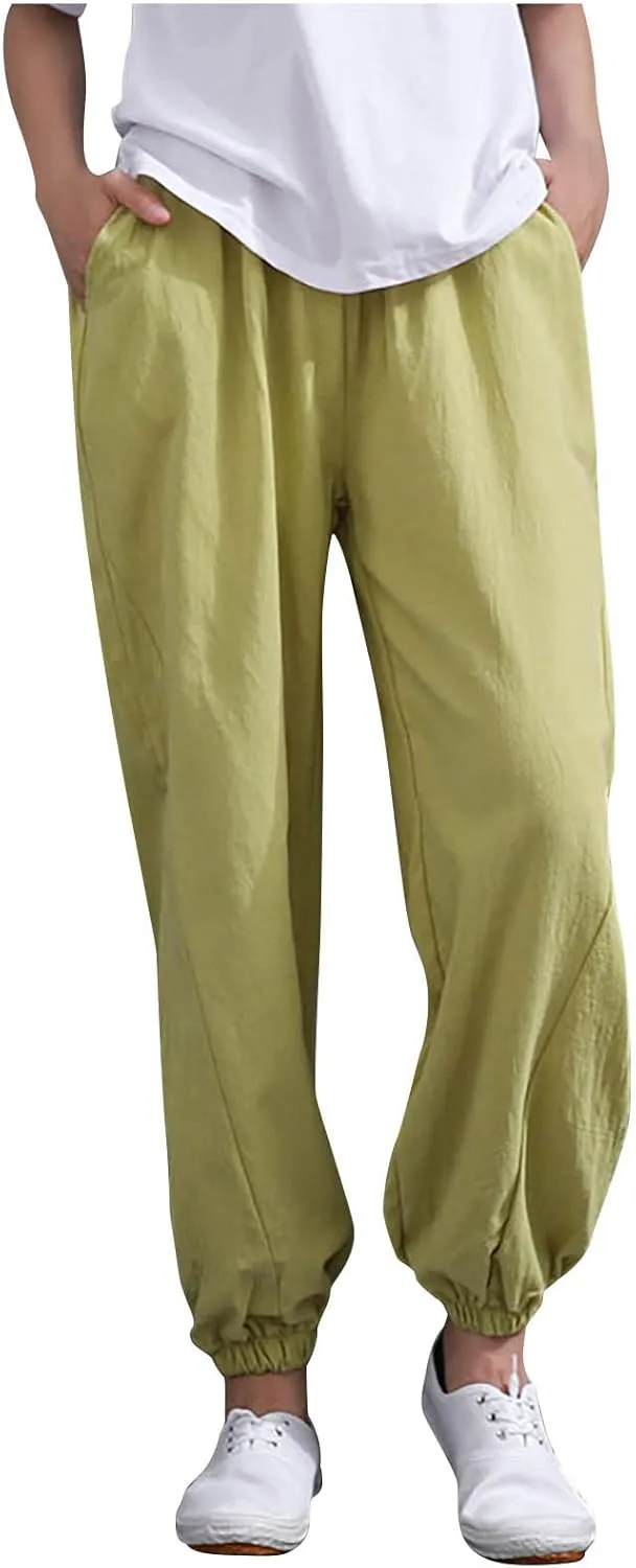 Womens 2025 Summer Cotton Linen Pants Elastic Drawstring Casual Trousers with Pockets Beach Straight Leg Lounge Pants