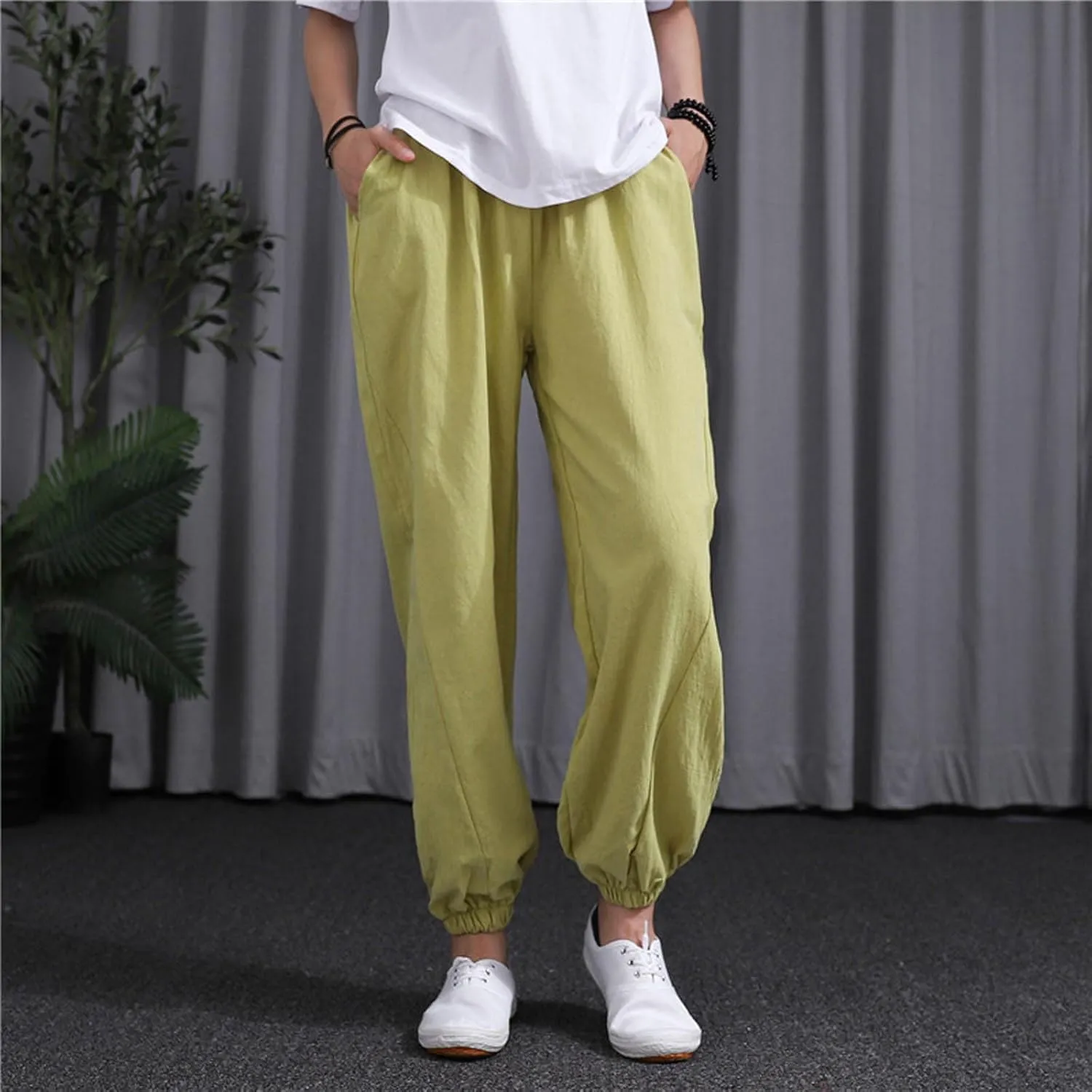 Womens 2025 Summer Cotton Linen Pants Elastic Drawstring Casual Trousers with Pockets Beach Straight Leg Lounge Pants