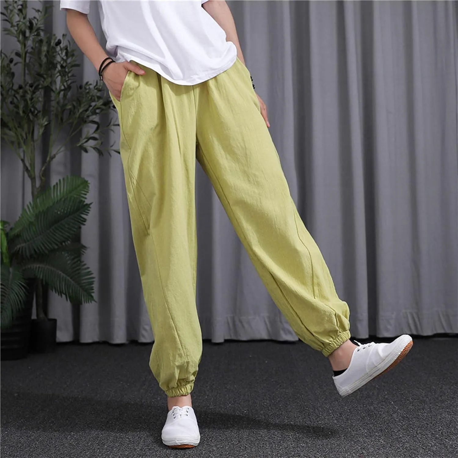 Womens 2025 Summer Cotton Linen Pants Elastic Drawstring Casual Trousers with Pockets Beach Straight Leg Lounge Pants