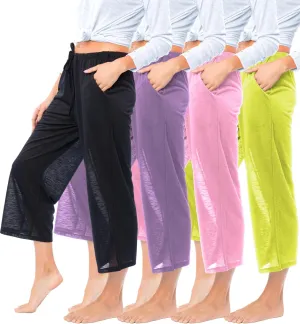Women's 4 Pack Casual Active Relaxed Flowy Fit Capri Semi Sheer Cropped Bermuda Short Lounge Pants