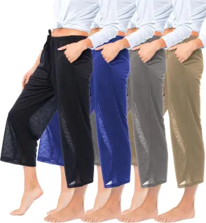 Women's 4 Pack Casual Active Relaxed Flowy Fit Capri Semi Sheer Cropped Bermuda Short Lounge Pants