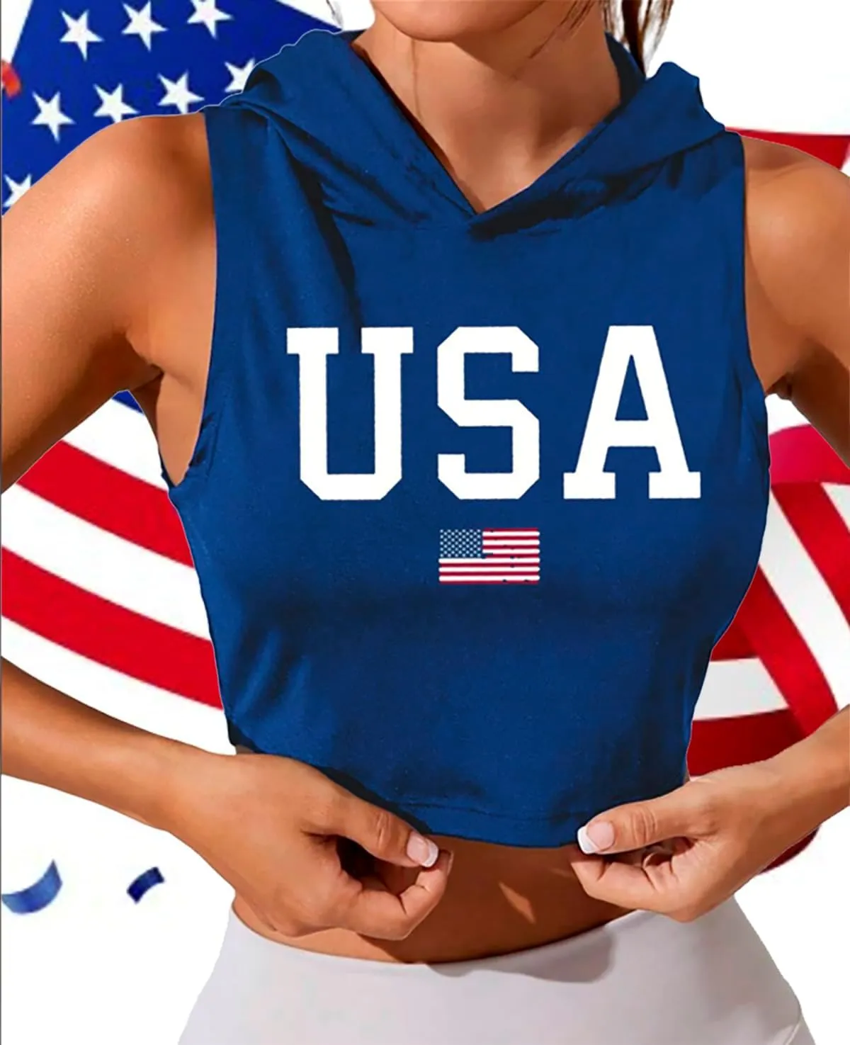 Women's American Flag Crop Top Sleeveless Hoodie USA Patriotic 4th of July Tank Independence Day Graphic Tee
