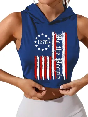 Women's American Flag Crop Top Sleeveless Hoodie USA Patriotic 4th of July Tank Independence Day Graphic Tee