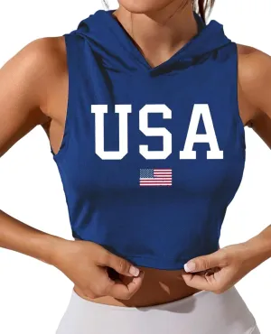 Women's American Flag Crop Top Sleeveless Hoodie USA Patriotic 4th of July Tank Independence Day Graphic Tee