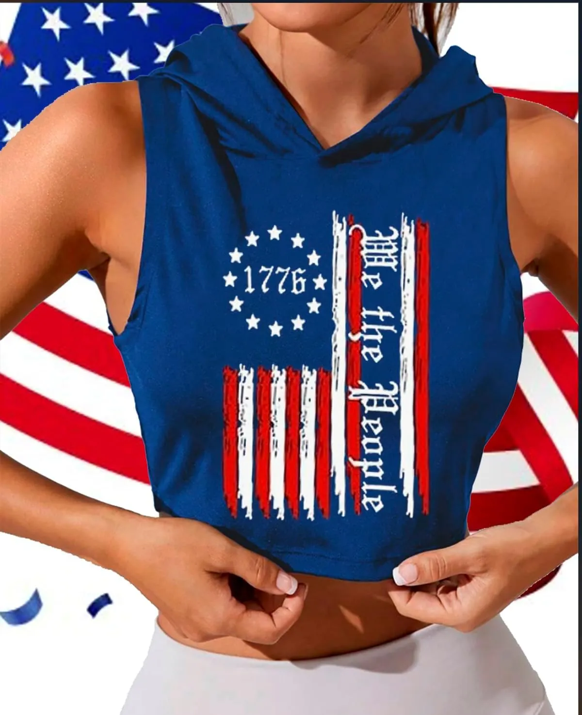 Women's American Flag Crop Top Sleeveless Hoodie USA Patriotic 4th of July Tank Independence Day Graphic Tee
