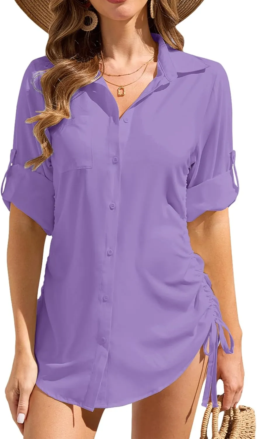 Womens Bathing Suit Cover Up Swimsuit Cover Up for Women Drawstring Button Down UV Sun Protection Beach Dress Shirt
