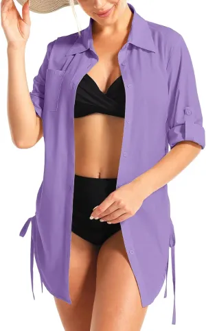 Womens Bathing Suit Cover Up Swimsuit Cover Up for Women Drawstring Button Down UV Sun Protection Beach Dress Shirt