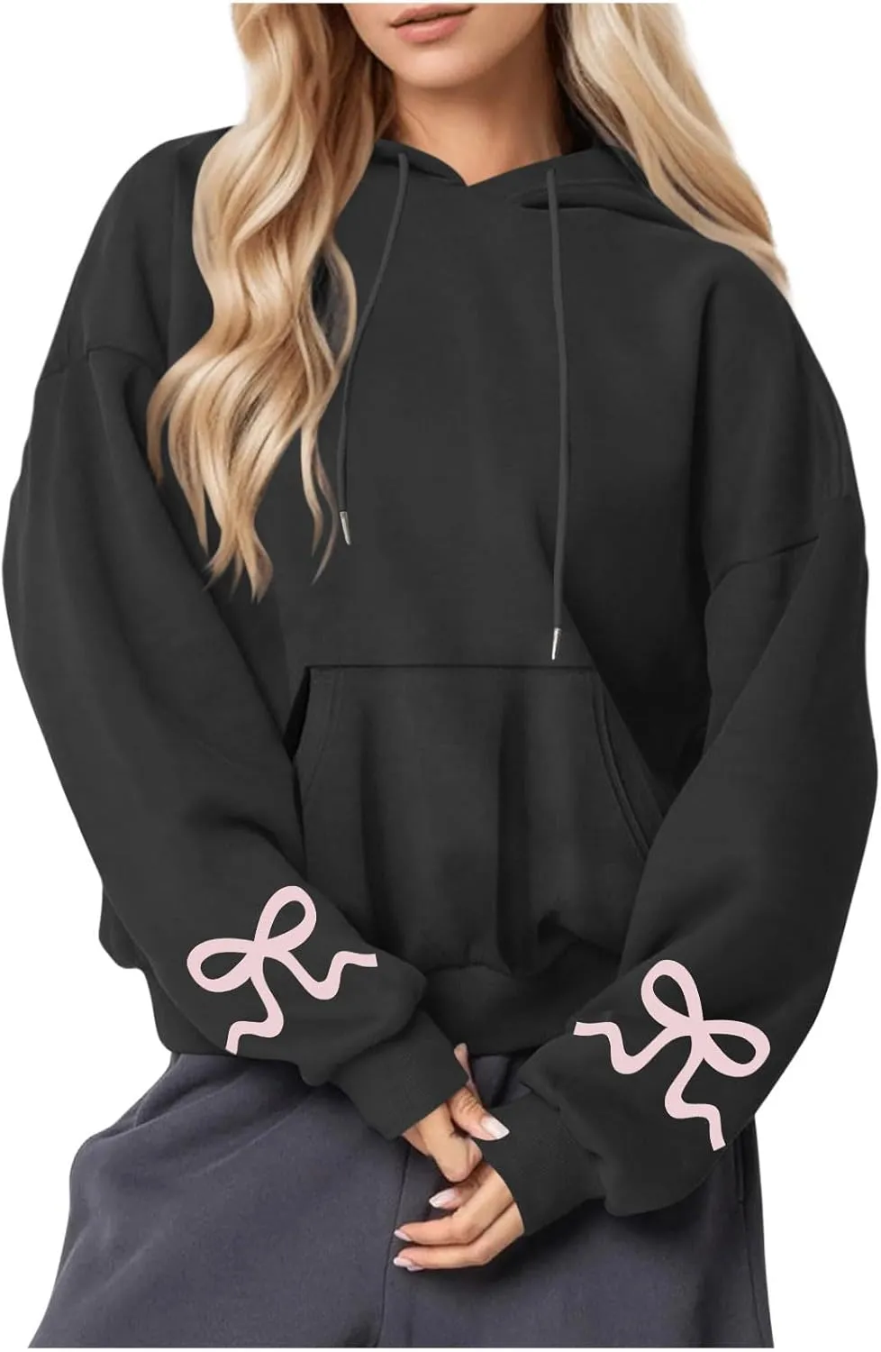 Womens Bow Trim Print Fleeced Hoodies Oversized Long Sleeve Hooded Sweatshirts Cute Print Drop Shoulder Pullover Top